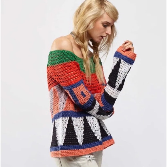 Free People Sweater Modern Art Geometric Knit Multi Color Block - Picture 1 of 10